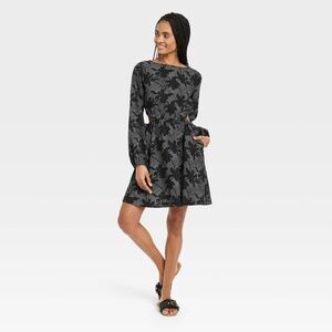 Balloon Long Sleeve Mini A-Line Dress - Black Floral XS